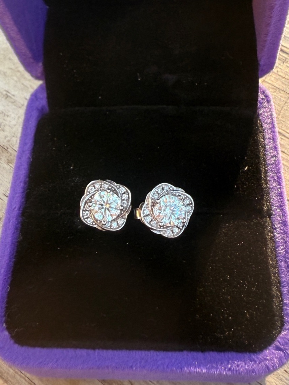 Silver Floral Halo Stud Earrings with Clear Crystals